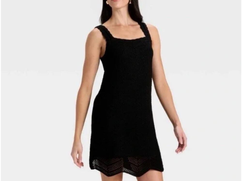 NWT A New Day Black Crochet Knit Dress XS 86% Cotton Mini Sleeveless